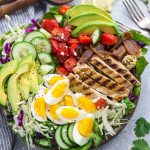 Low Carb Chicken Cobb Salad has all the classic flavors of the popular favorite with a simple vinaigretter. Made with lettuce, tomatoes, bacon, cucumber, avocado and cheese – perfect for lunch or your next potluck!