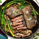 Garlic Butter Steak with Asparagus and Mushrooms - pan seared skillet recipe plus"how to" tips to cook the best tender steak at home. This easy to customize recipe is also gluten free, low carb, paleo and keto friendly.