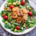 Spinach Avocado Shrimp Salad – a deliciously light and healthy low carb lunch or a dinner. Packed with spinach, avocado, cherry tomatoes, pecans, almonds and a creamy poppy-seed dressing. Low Carb, keto, paleo & Whole 30 compliant.