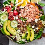 Keto Salmon Salad - a delicious loaded meal made with grilled or broiled salmon, cucumber, eggs, tomatoes, avocado, crispy bacon and a creamy and tangy vinaigrette. Low carb, keto , gluten free with Whole 30 & paleo friendly options.